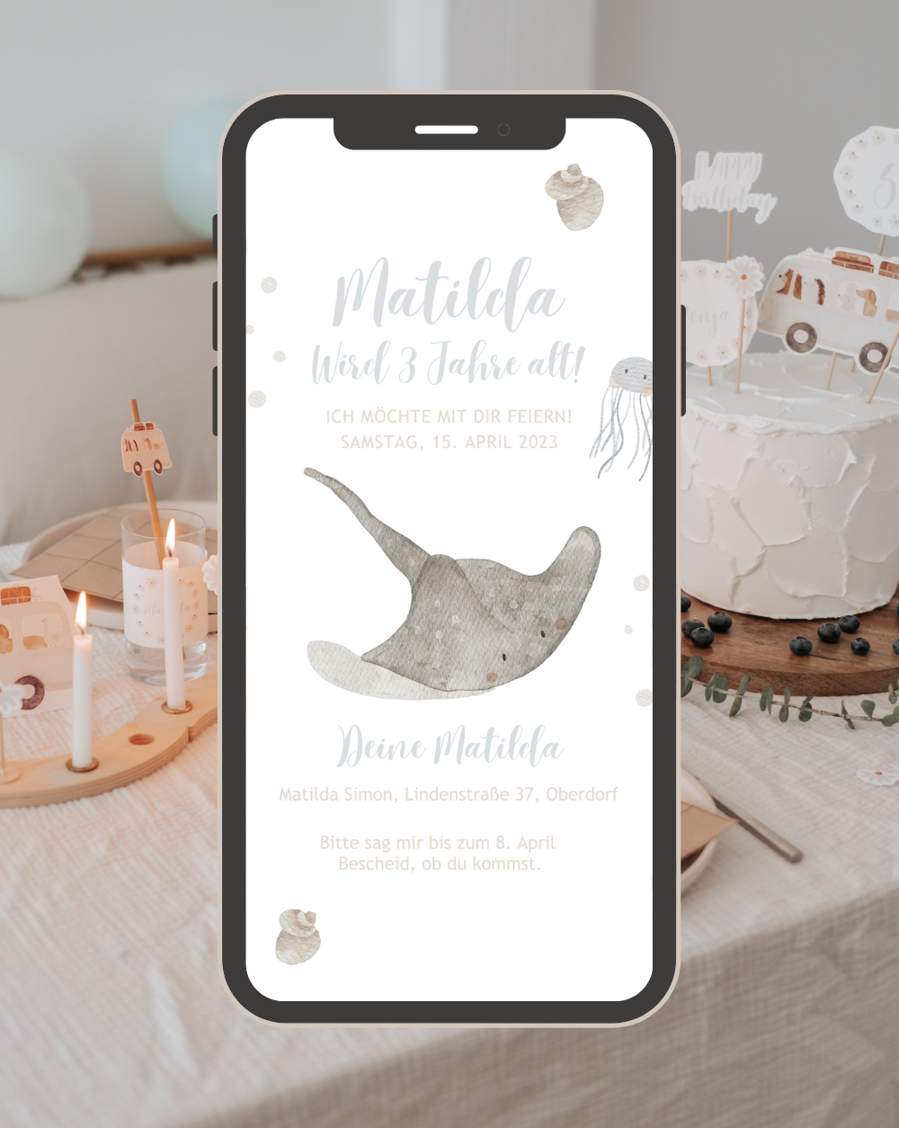 Einladung Smartphone Video Meer Wal hellblau