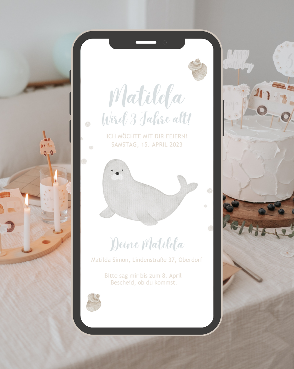 Einladung Smartphone Video Meer Wal hellblau