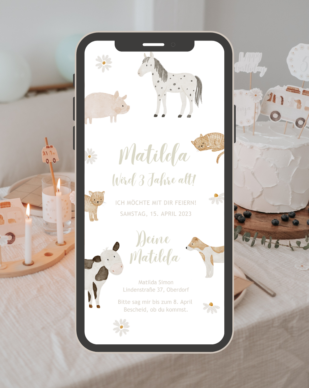 Einladung Smartphone Video Bauernhof Hund