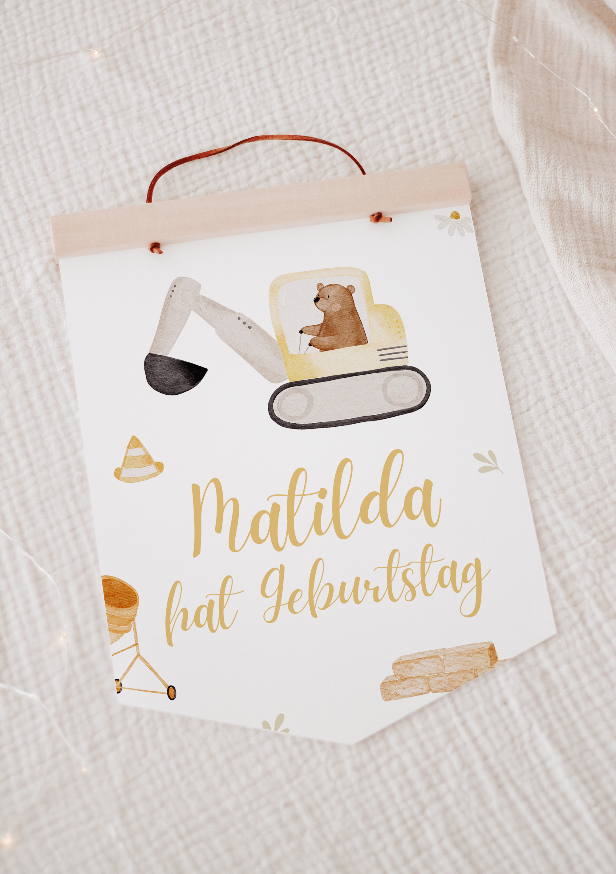 Wimpel mit Name Baustelle Bagger