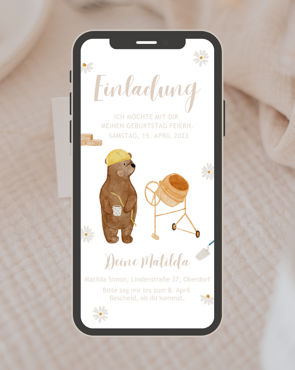 Einladung Smartphone Video Baustelle Bär