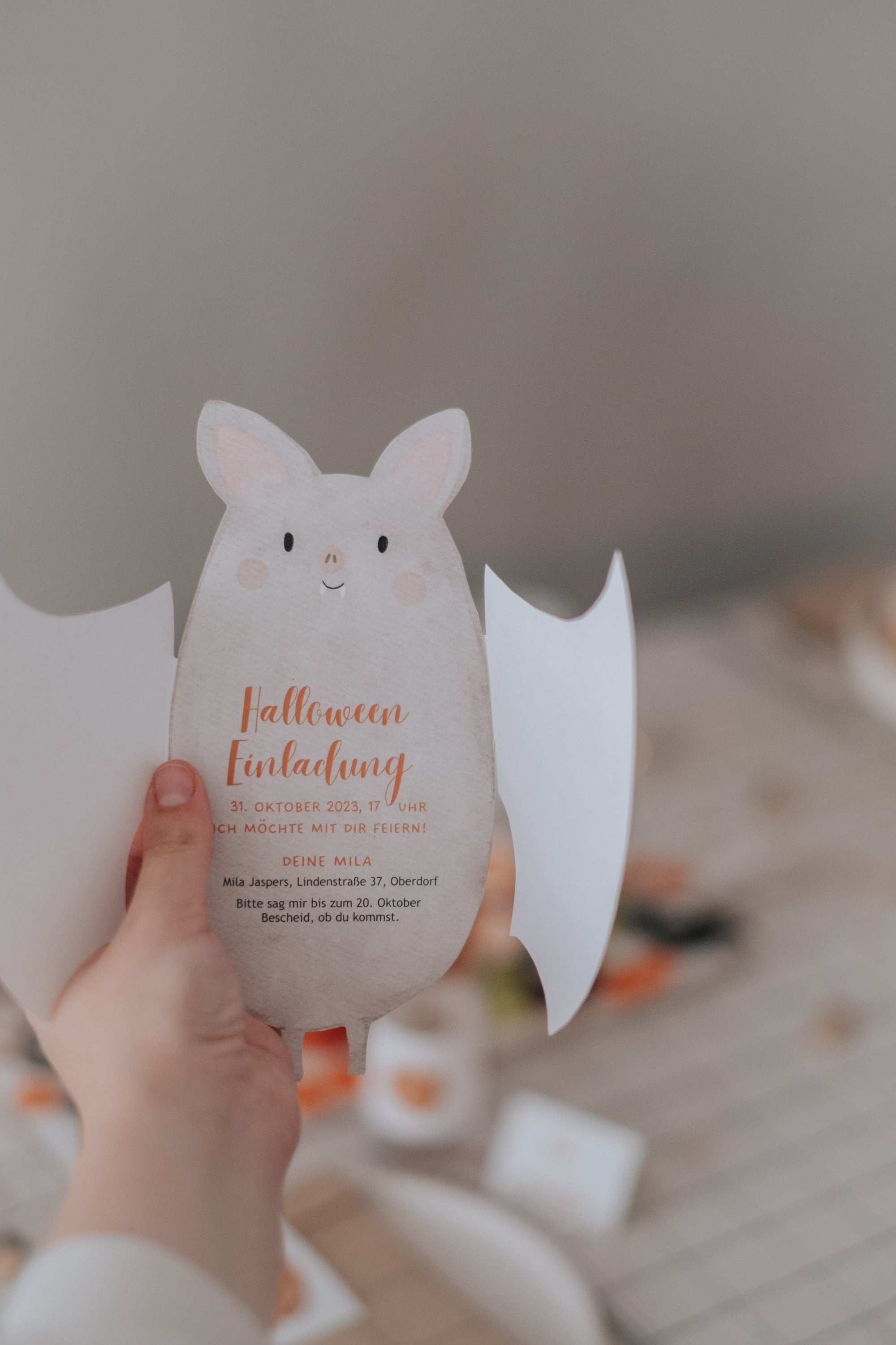 Einladung Halloween Kürbis & Gespenst | Variante Fledermaus