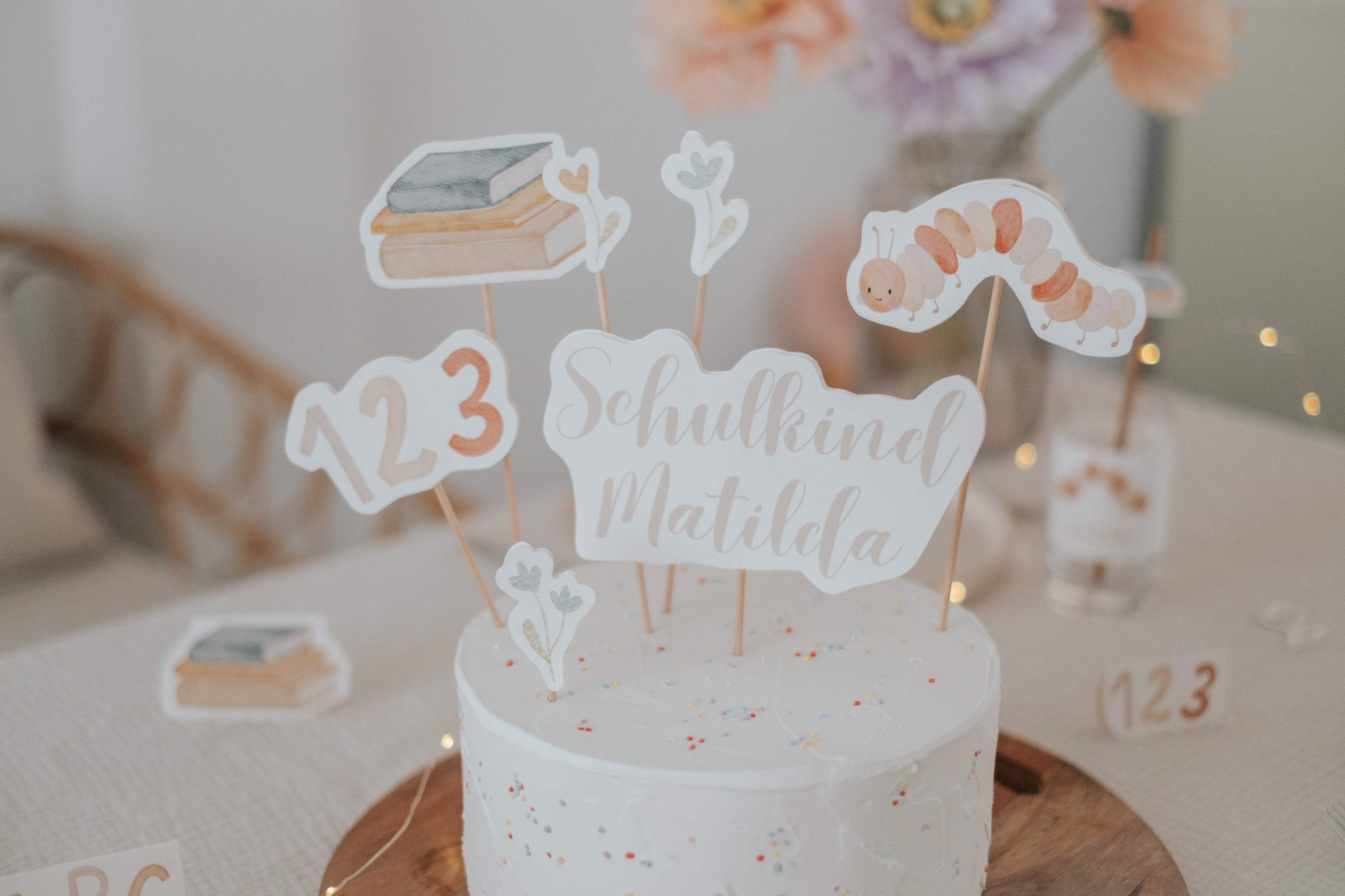 Caketopper Hurra Schulkind Schulanfang Eichhörnchen Schulanfang Raupe