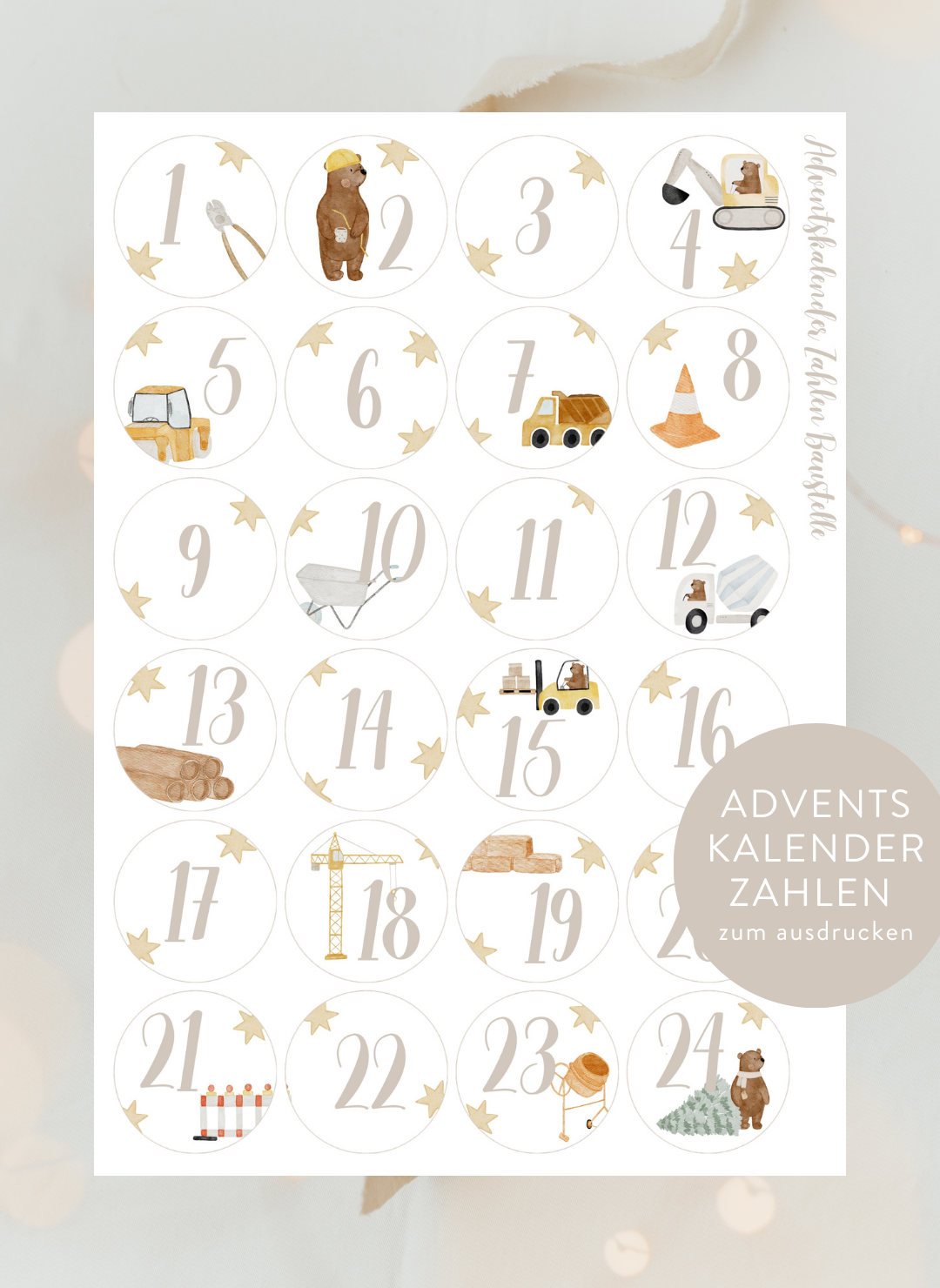 Adventskalenderzahlen Baustelle Rund