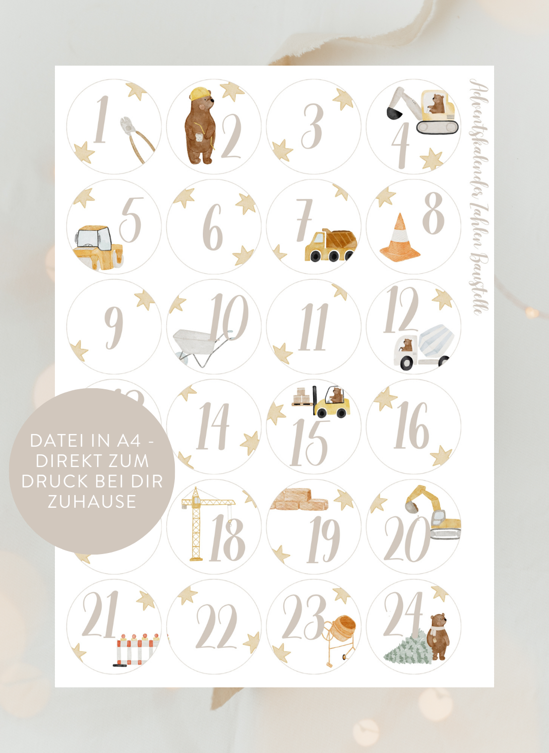Adventskalenderzahlen Baustelle Rund