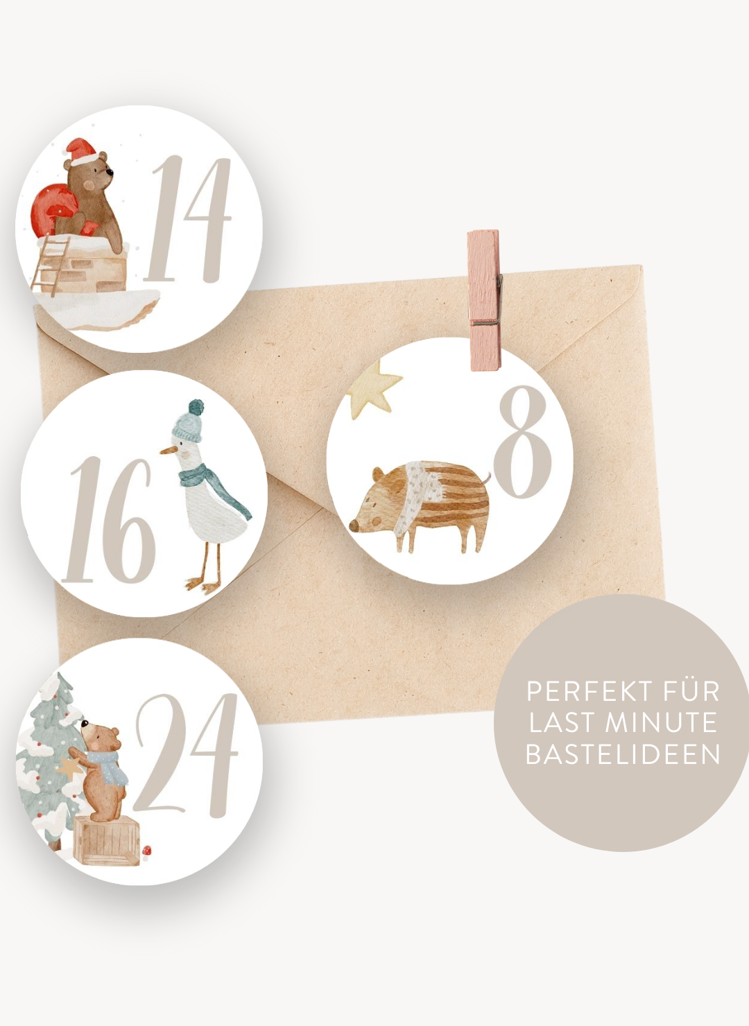 Adventskalenderzahlen Weihnachtstiere Rund