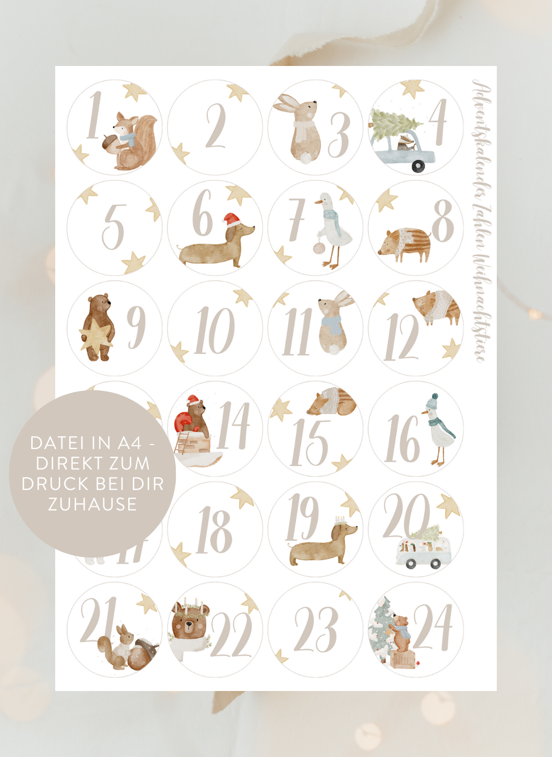 Adventskalenderzahlen Weihnachtstiere Rund