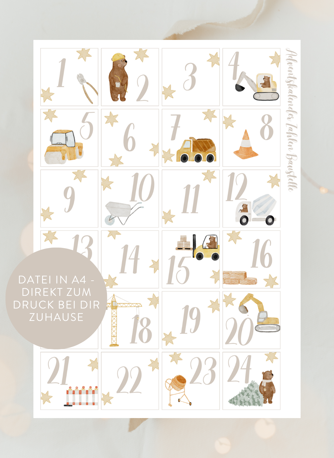 Adventskalenderzahlen Baustelle Quadratisch