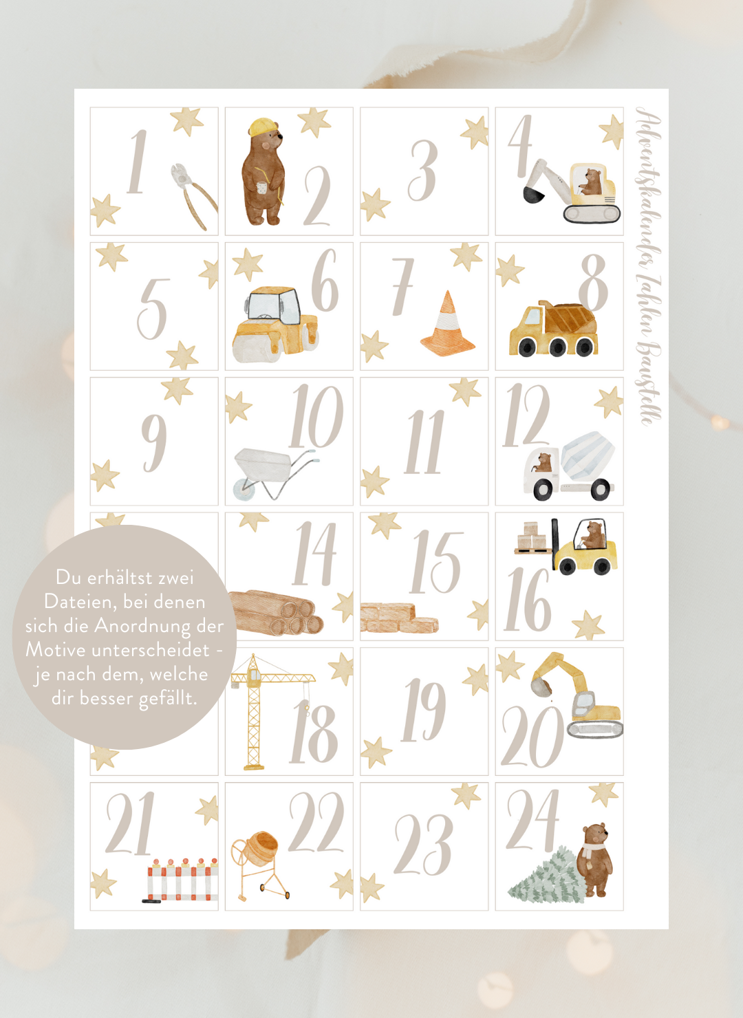 Adventskalenderzahlen Baustelle Quadratisch