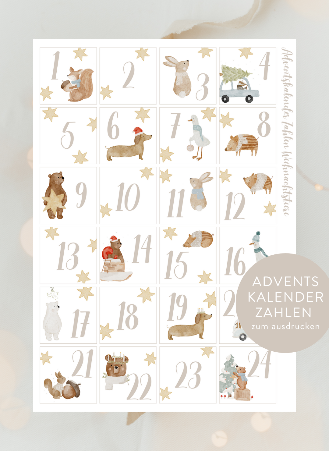 Adventskalenderzahlen Weihnachtstiere Quadratisch