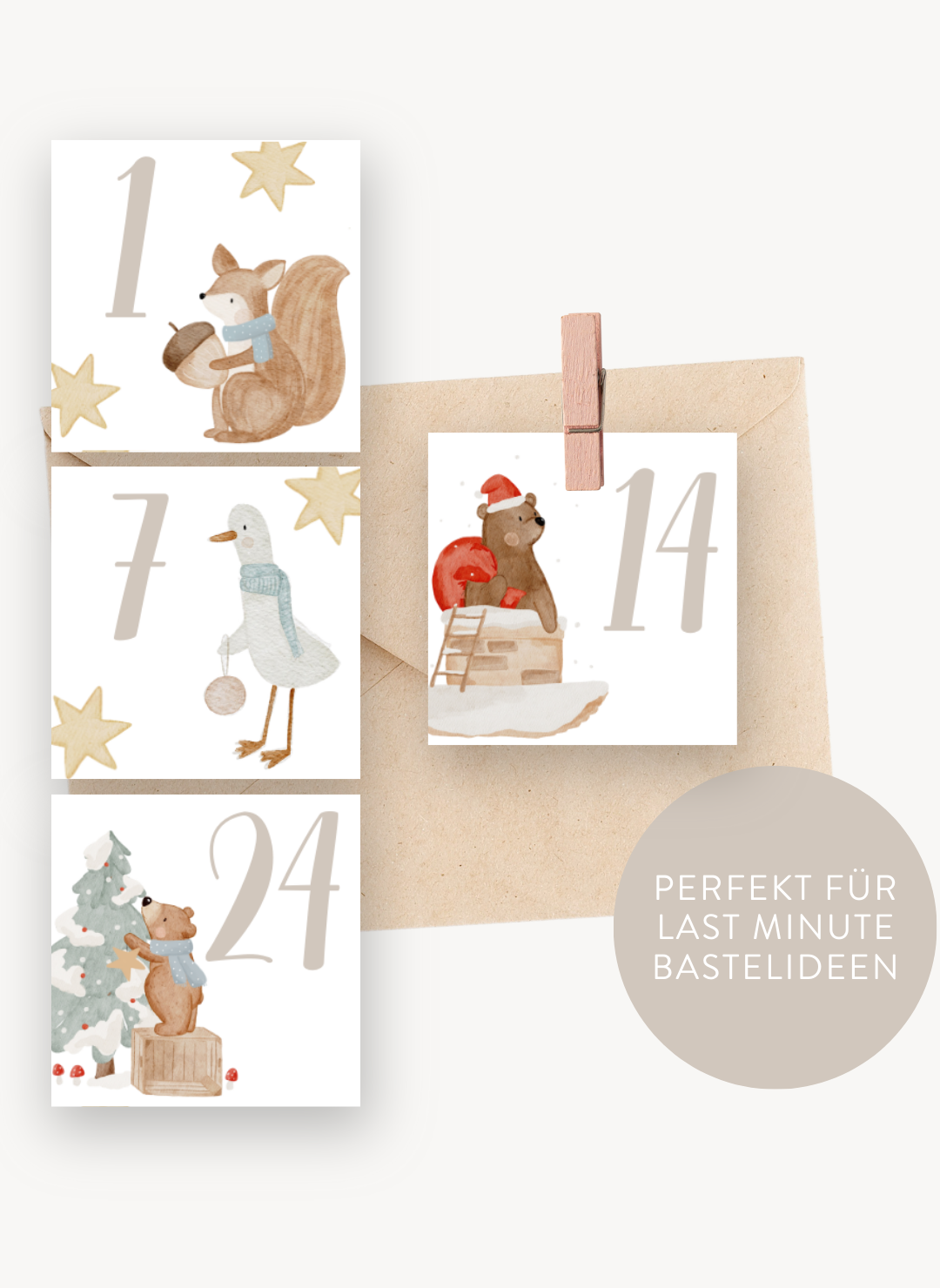 Adventskalenderzahlen Weihnachtstiere Quadratisch