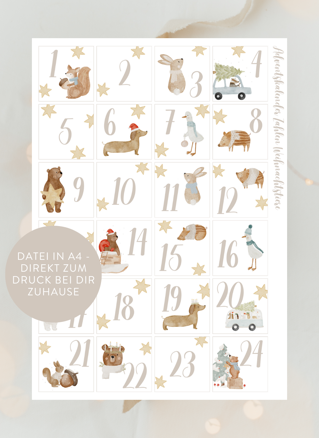 Adventskalenderzahlen Weihnachtstiere Quadratisch
