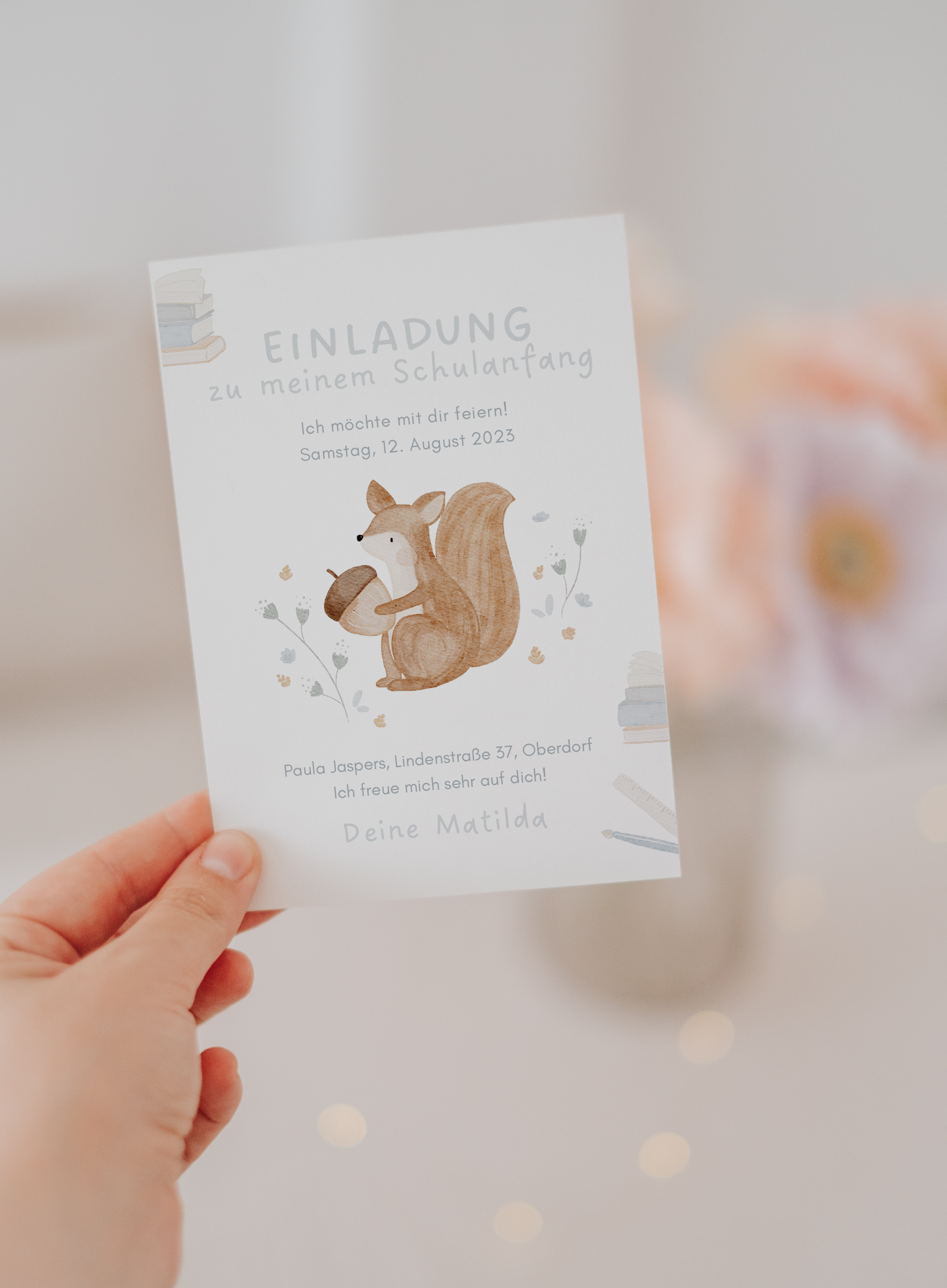 Einladung Schulanfang Eichhörnchen blau