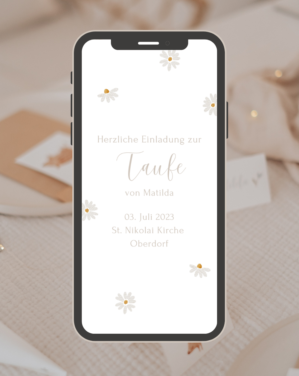 Einladung Smartphone Video Taufe Gänseblümchen