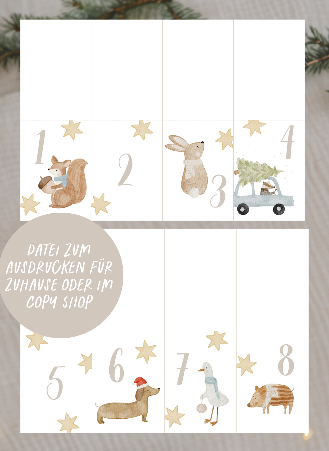 Adventskalenderzahlen Weihnachtstiere Tütenaufleger