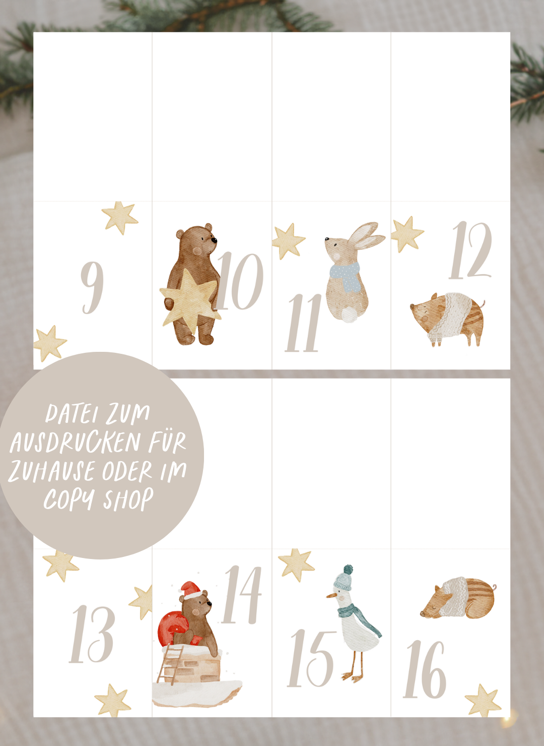 Adventskalenderzahlen Weihnachtstiere Tütenaufleger