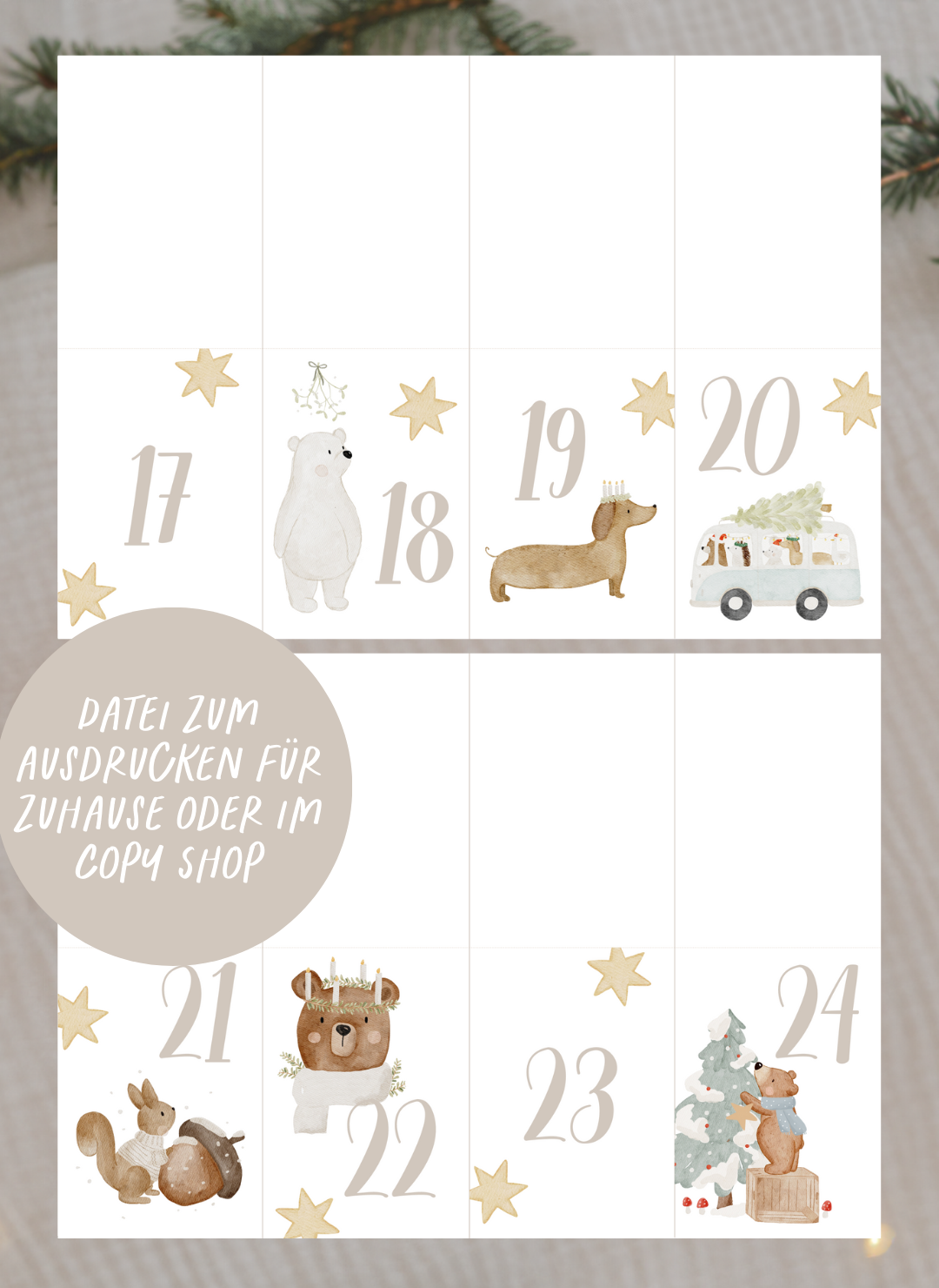 Adventskalenderzahlen Weihnachtstiere Tütenaufleger