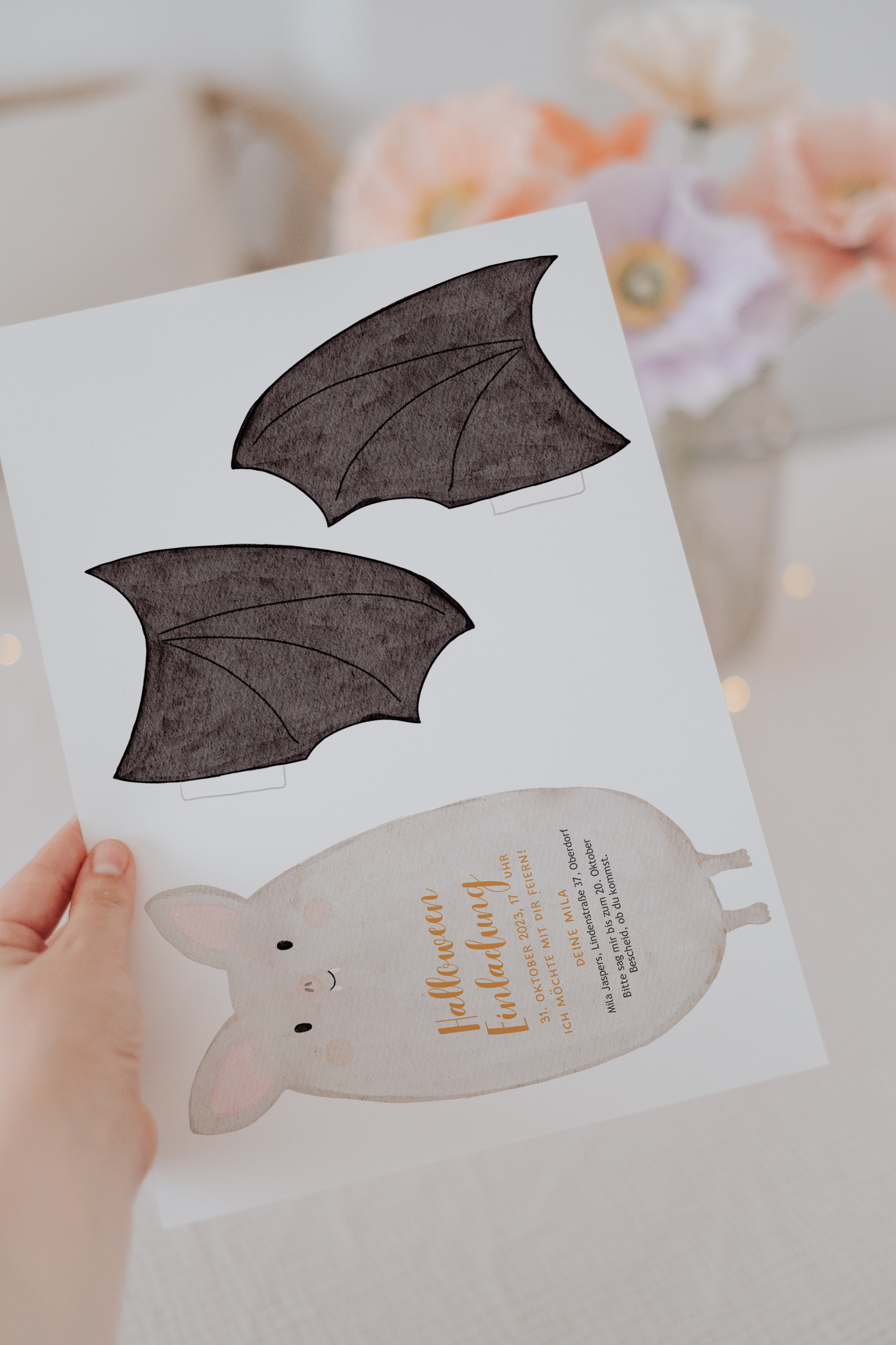 Einladung Halloween Kürbis & Gespenst | Variante Fledermaus