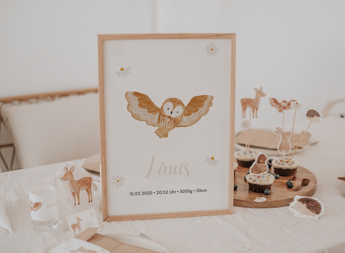 Geburtsposter Waldtiere Eule