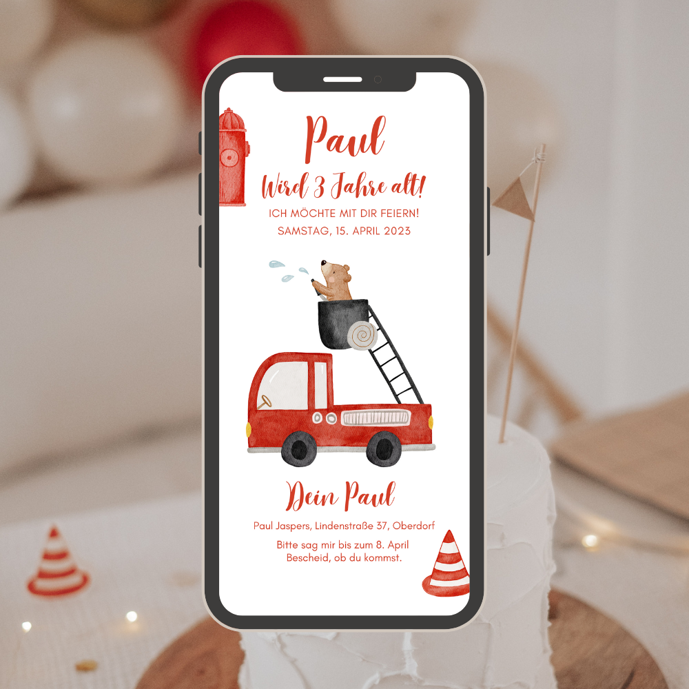 Einladung Smartphone Video Feuerwehr und Bär