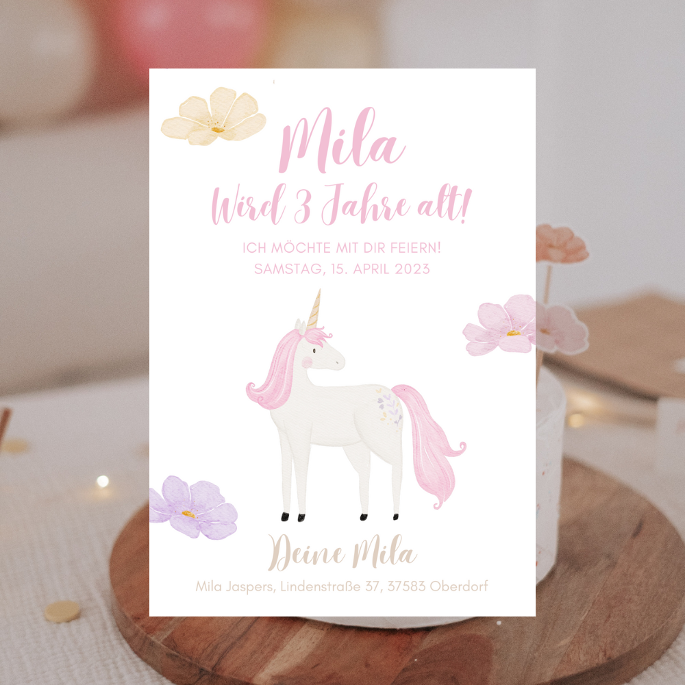 Einladung Einhorn rosa