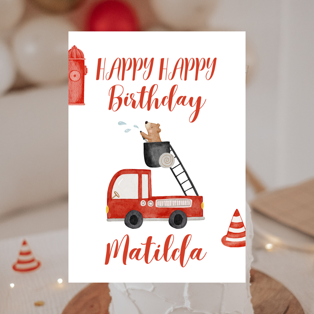 Geburtstagskarte Feuerwehr und Bär
