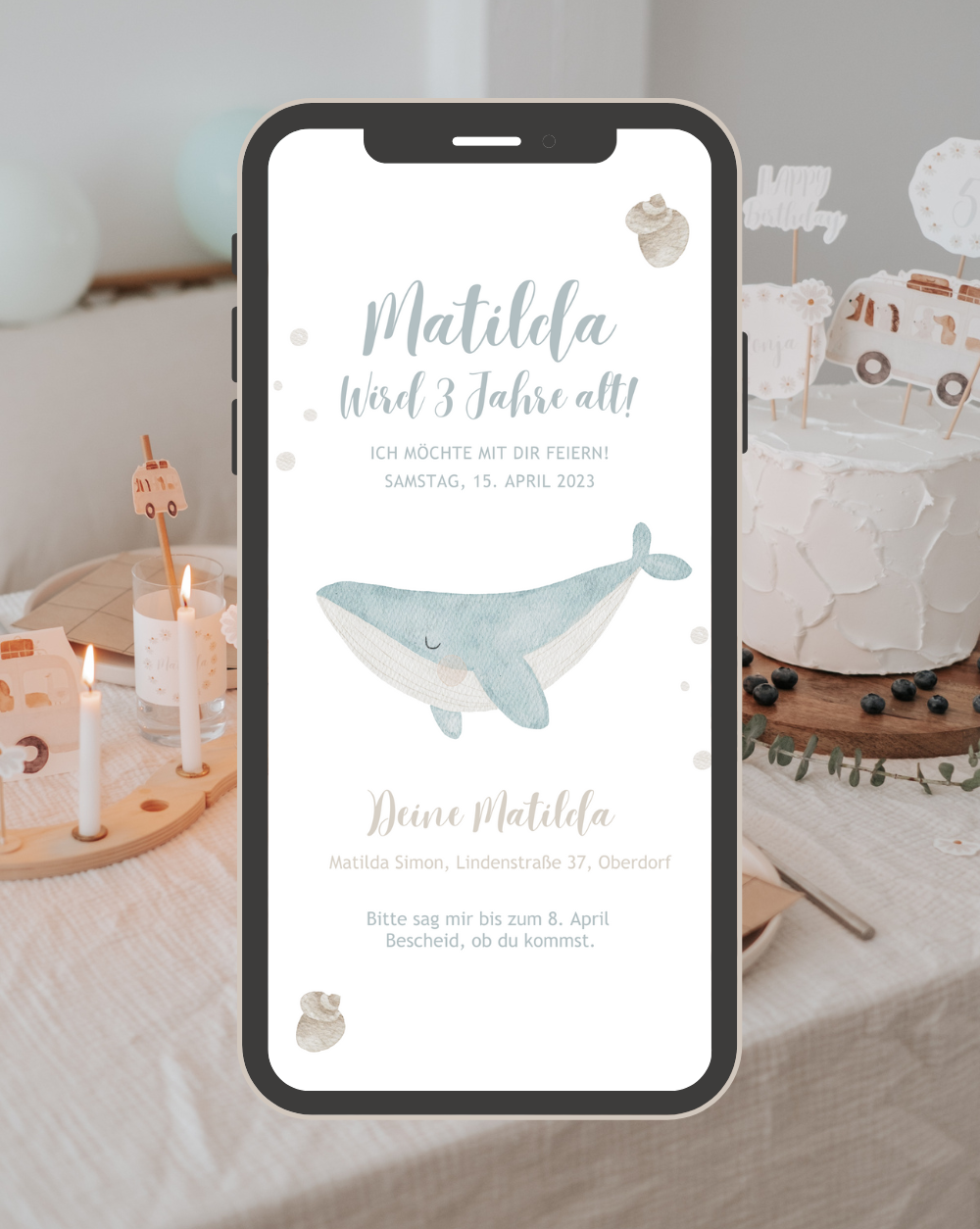Einladung Smartphone Video Meer Wal hellblau