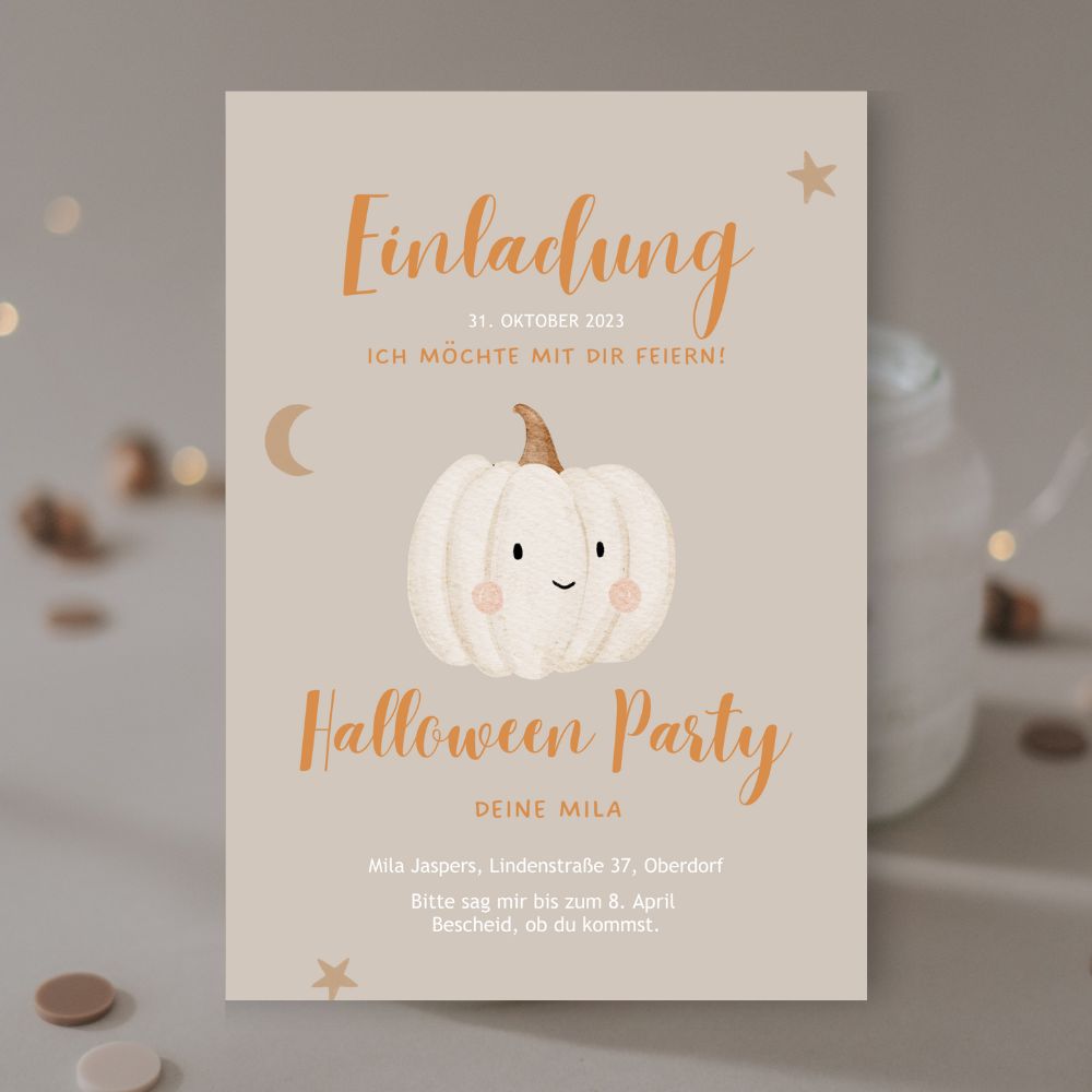 Einladung Halloween Kürbis & Gespenst | Variante Kürbis weiß