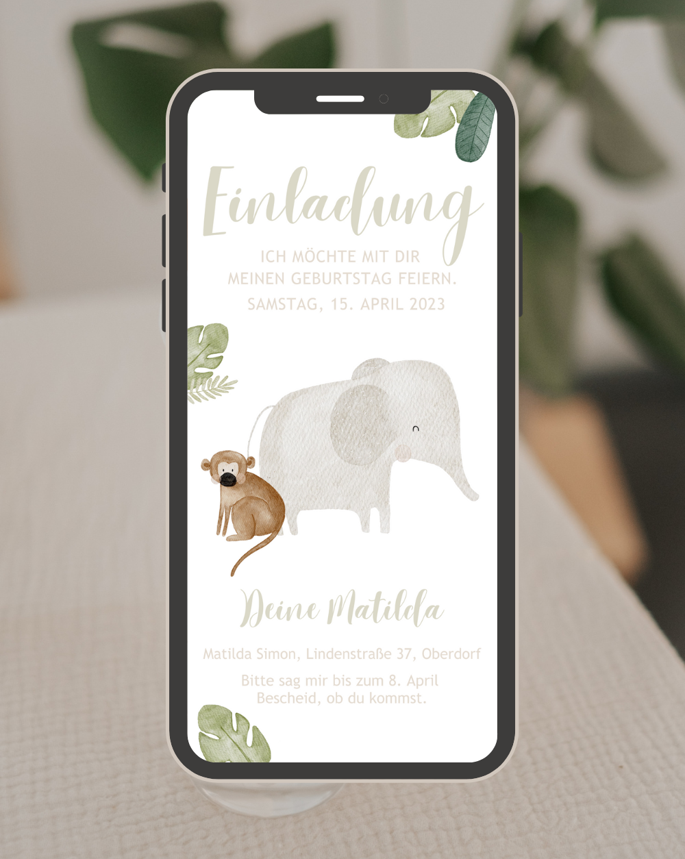 Einladung Smartphone Video Dschungel Elefant & Affe