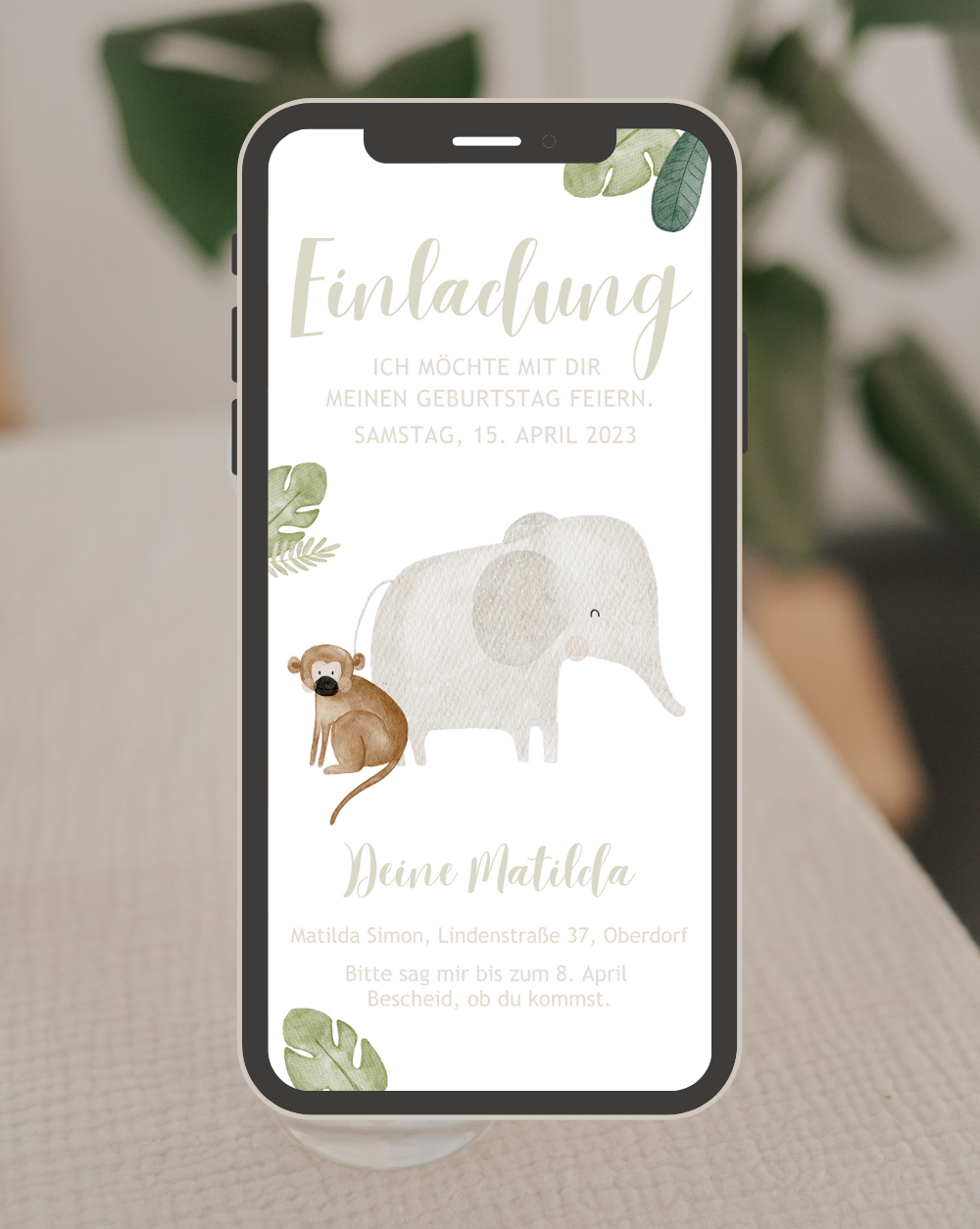 Einladung Smartphone Video Dschungel Elefant &amp; Affe