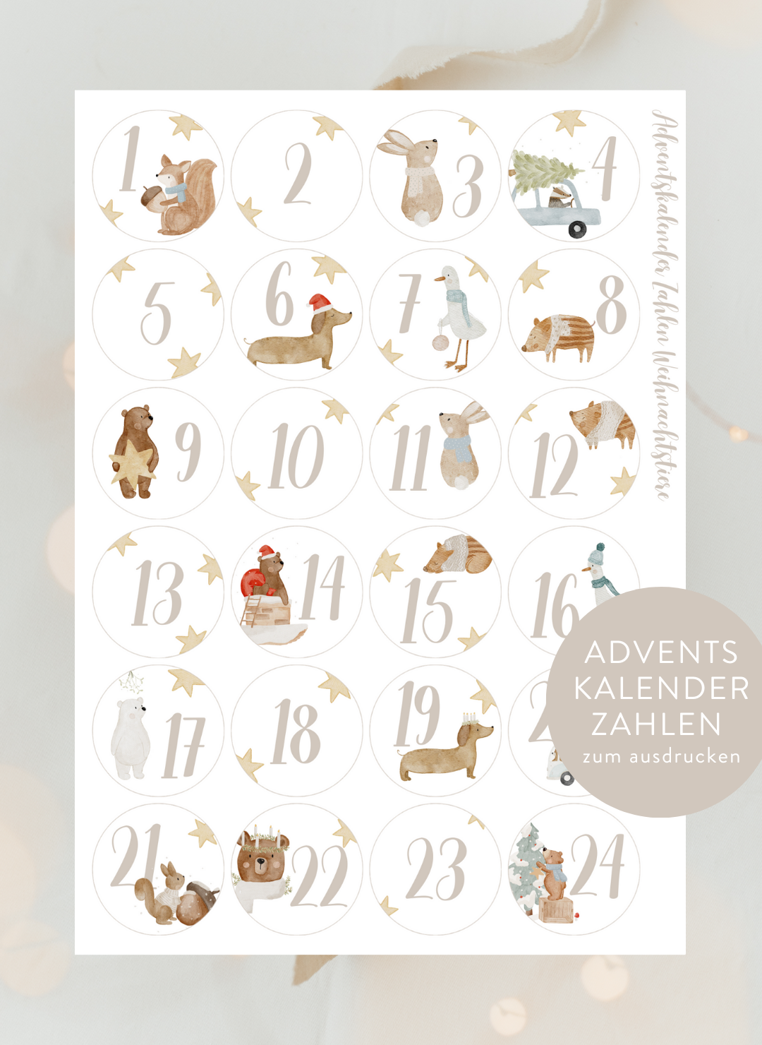 Adventskalenderzahlen Weihnachtstiere Rund