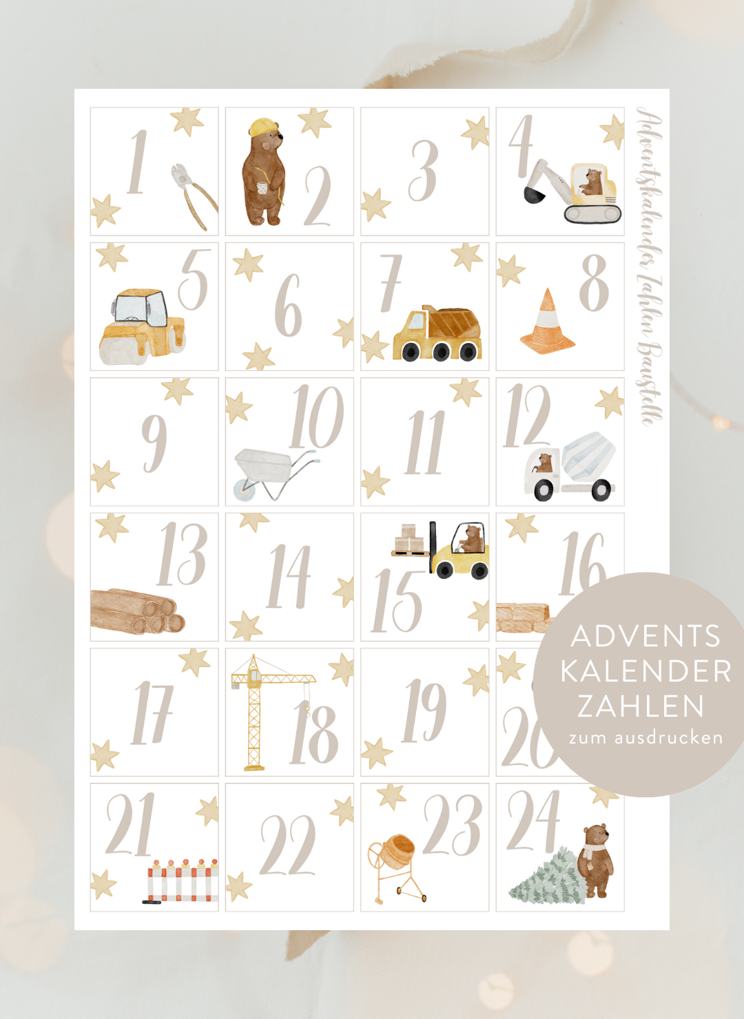 Adventskalenderzahlen Baustelle Quadratisch