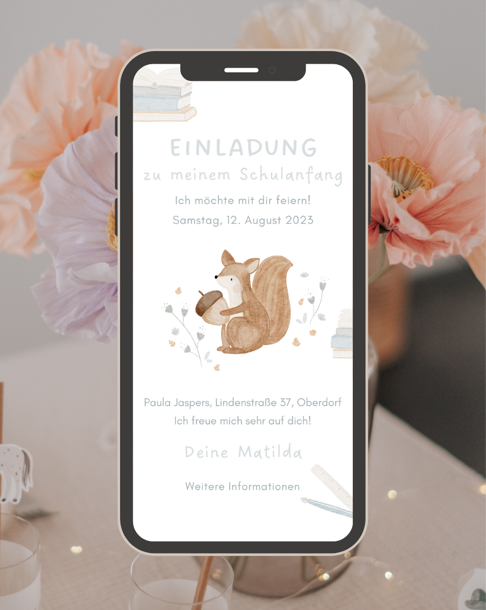 Einladung Smartphone Video Schulanfang Eichhörnchen hellblau
