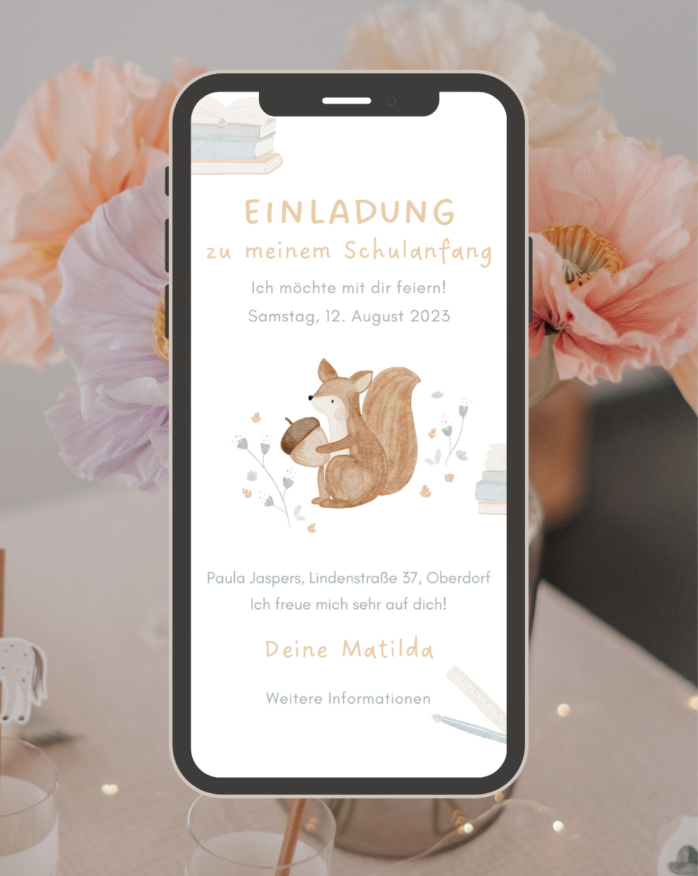 Einladung Smartphone Video Schulanfang Eichhörnchen gelb