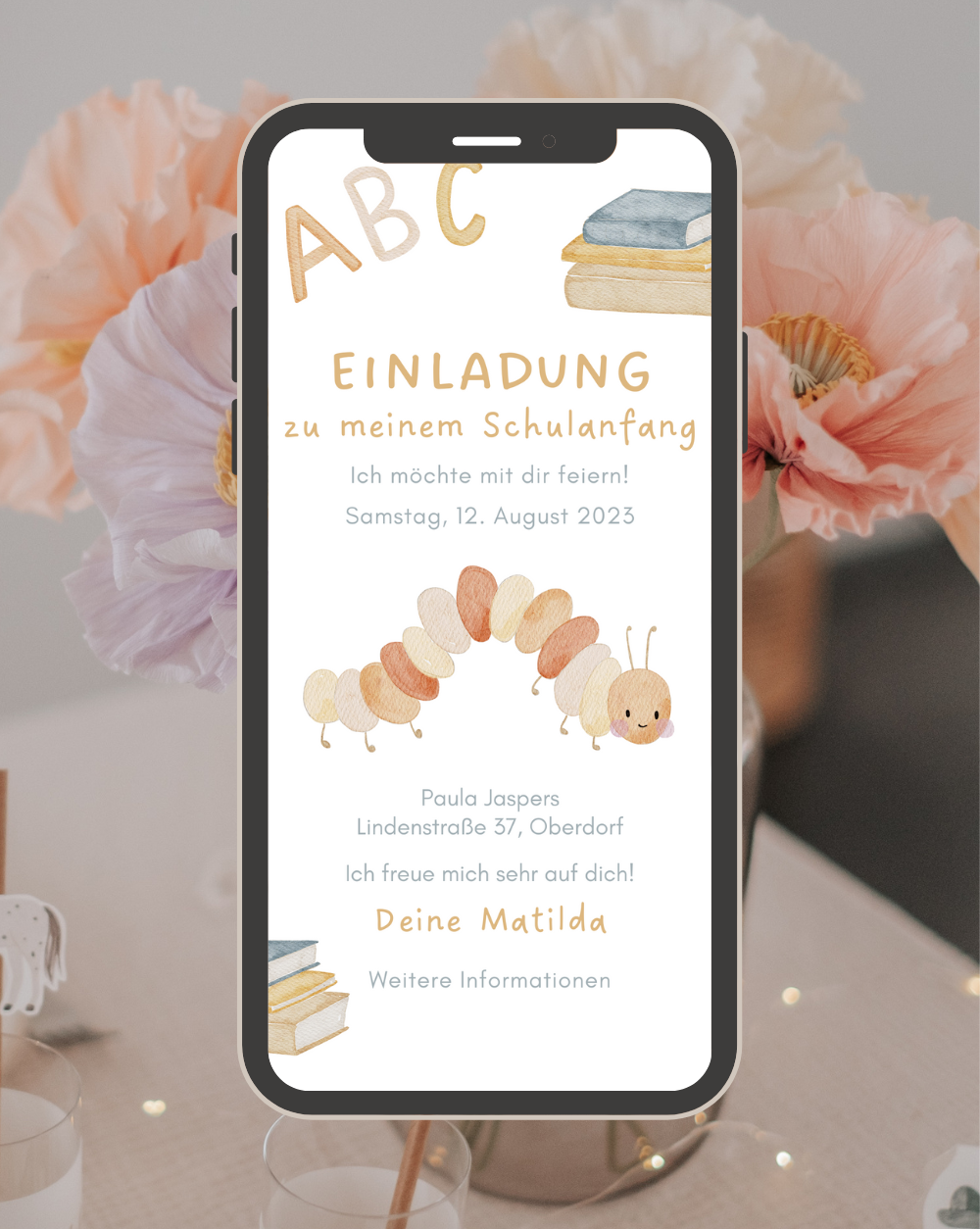 Einladung Smartphone Video Schulanfang Raupe