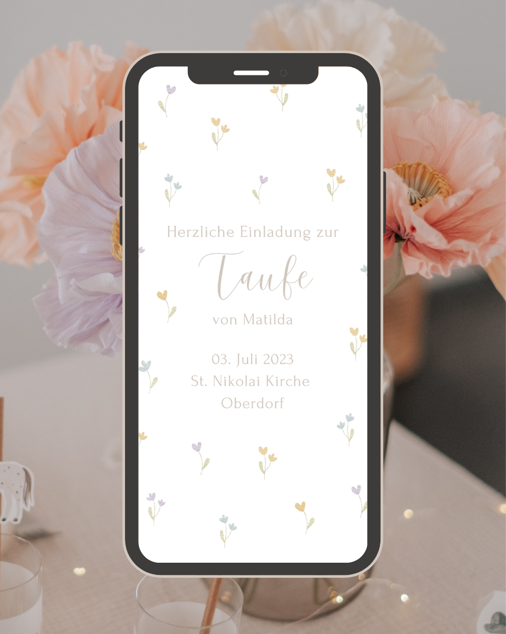 Einladung Smartphone Video Taufe Blümchen
