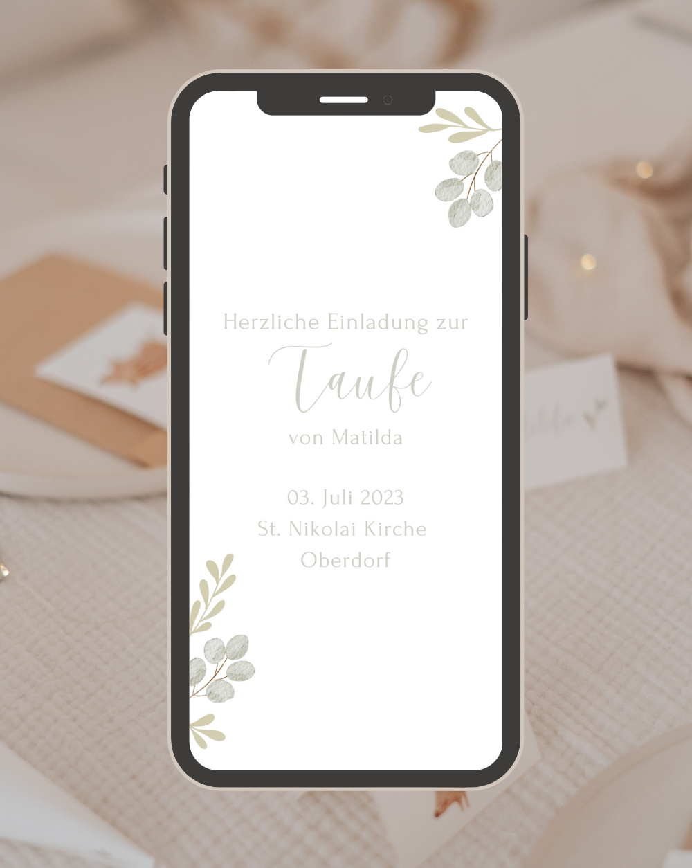 Einladung Smartphone Video Taufe Greenery