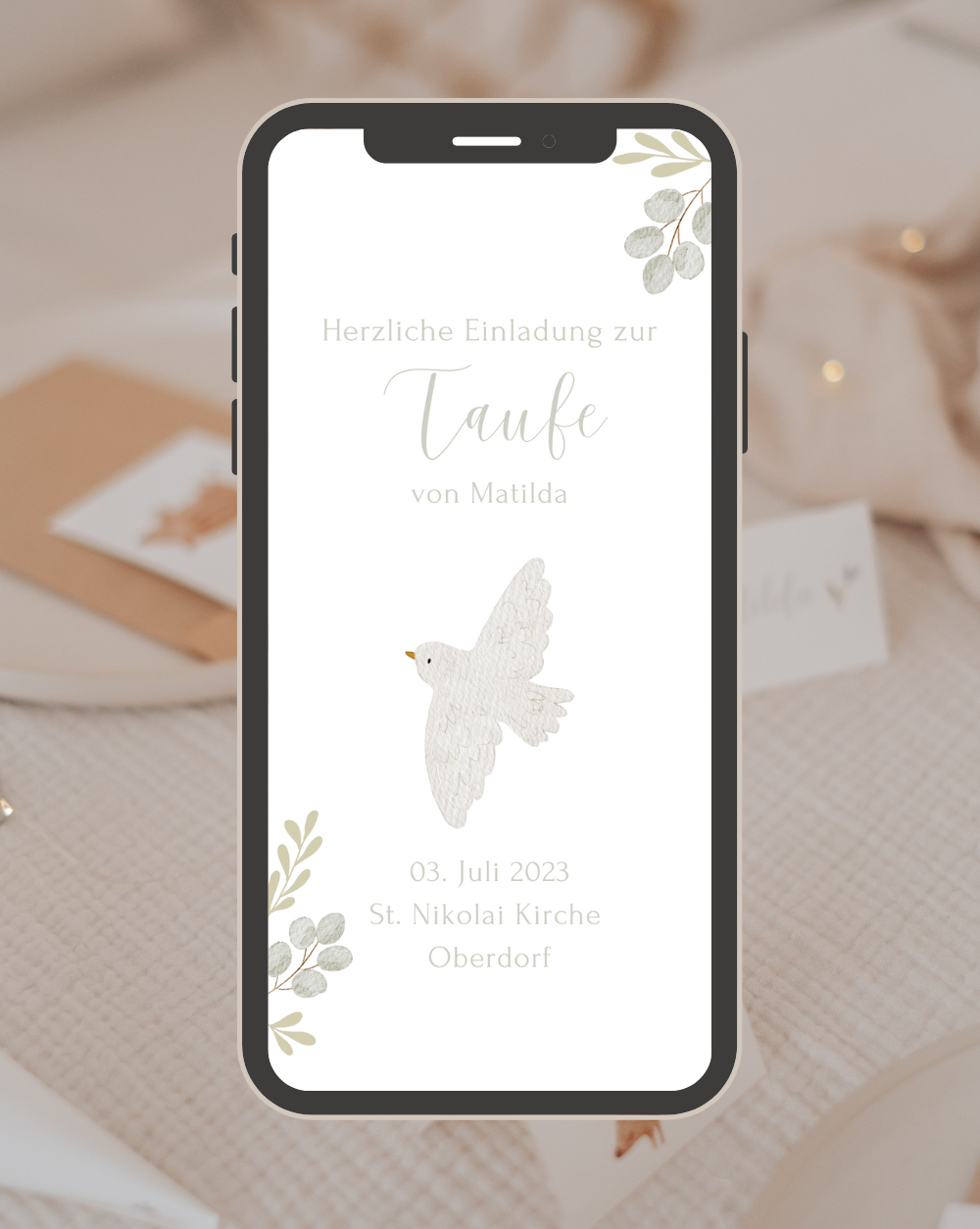 Einladung Smartphone Video Taufe Taube