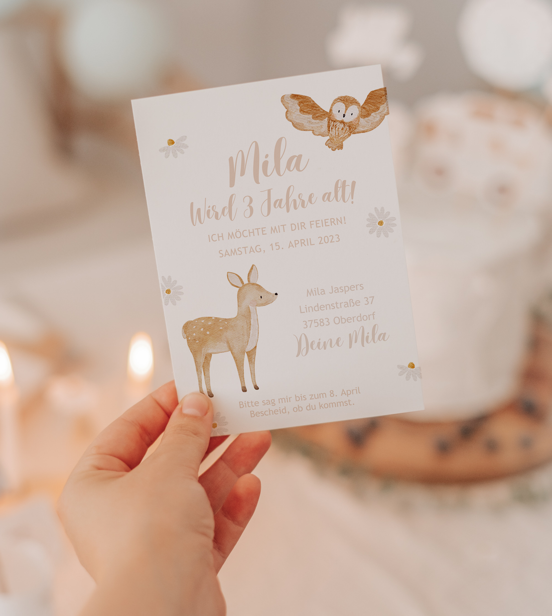 Einladung Waldtiere Reh & Eule